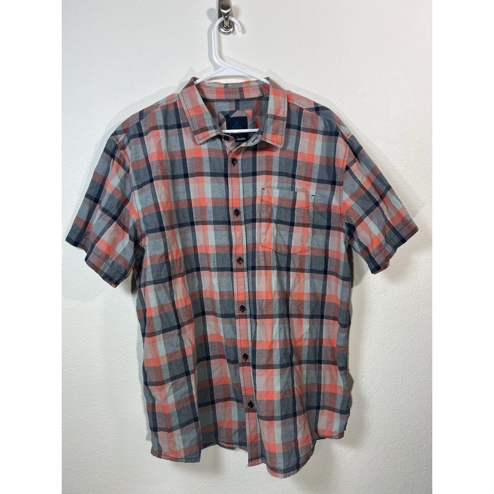 PrAna Men's Short Sleeve Button Up Shirt XL Blue Orange Plaid Hiking Gorpcore